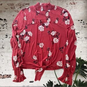 American Rag Smocked Neck Tie-front Floral Red Top Size M